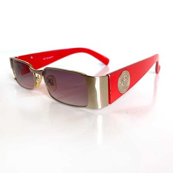 NY Sunglass™ Red & Gold Rectangle Sunglasses Versace Style Retro Shield Frame - Picture 1 of 16